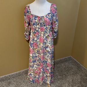 Lush Floral Midi Dress - Pink, Blue, Cream